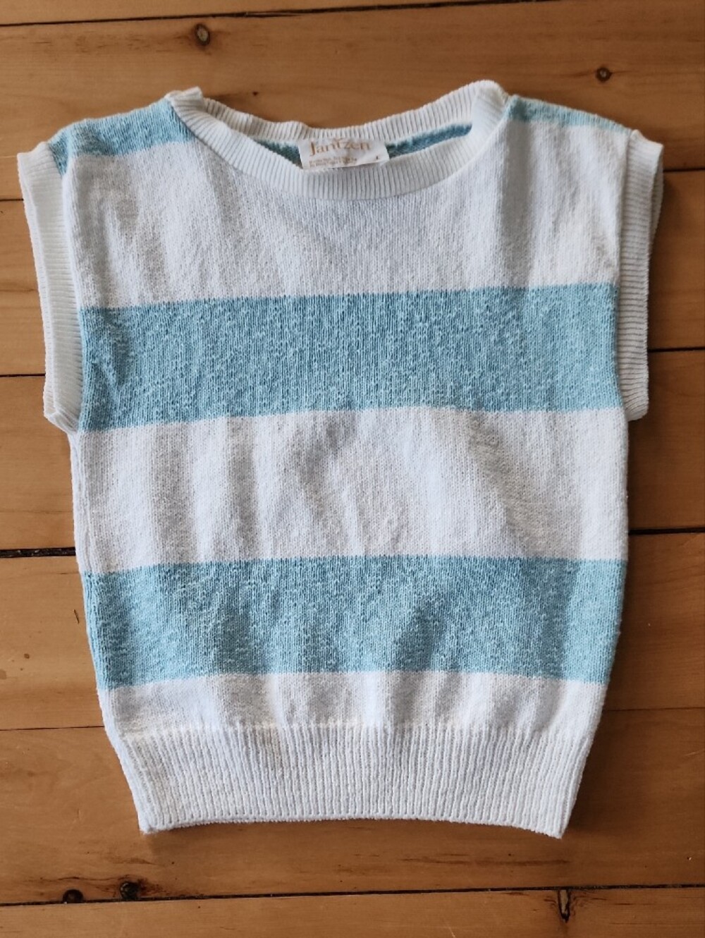 Vintage Jantzen white and light blue striped sleeveless knit sweater vest